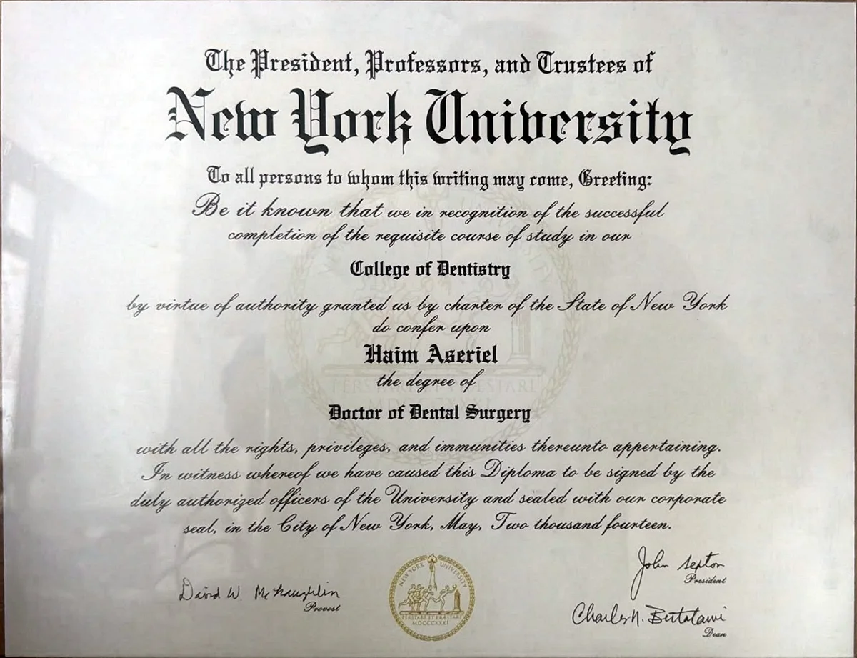 Dr Haim Aseriel's Doctor of Dental Surgery diploma from New York University College of Dentistry, May 2014