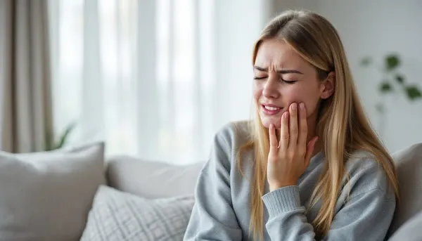 Woman holding her cheek because of mouth pain